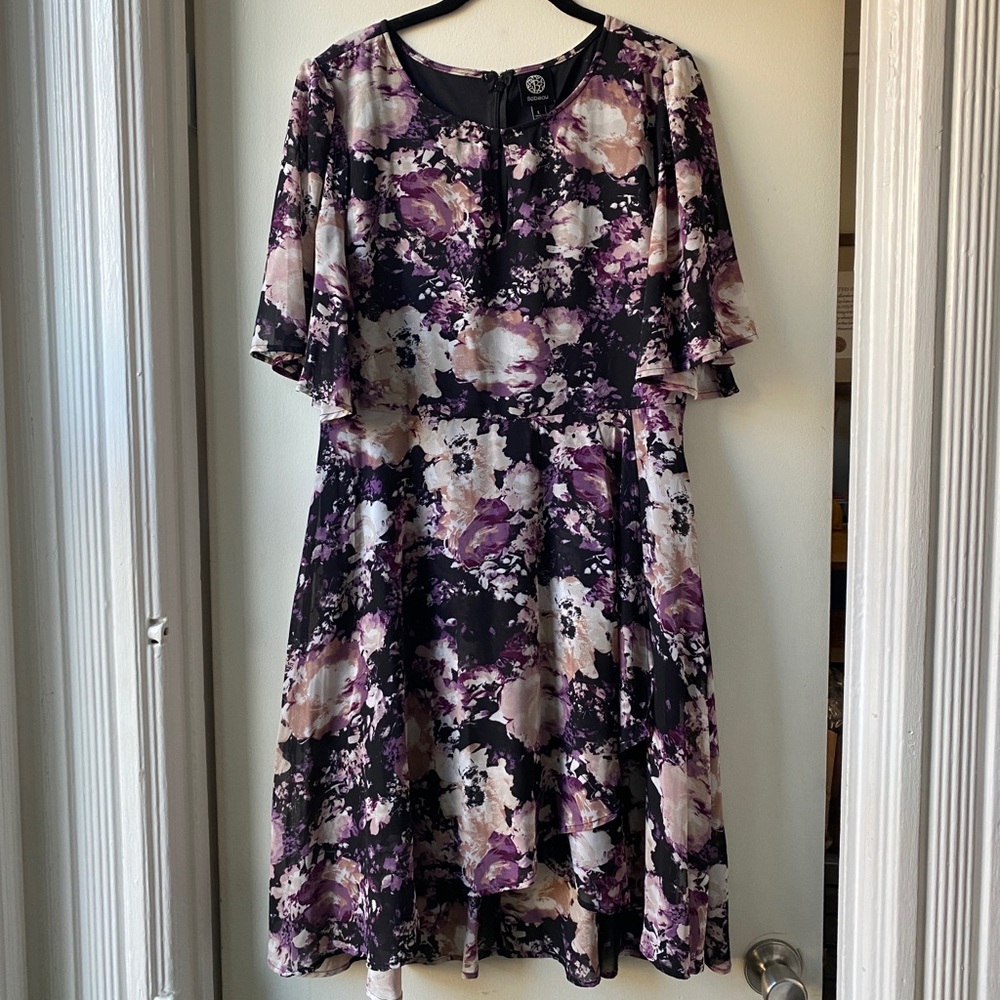 Purple Floral Flutter Sleeve MIDI Dress